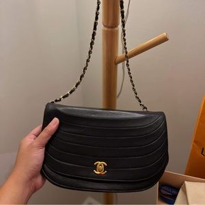 Chanel Vintage Lambskin Half Moon Flap Bag Black Gold Hardware